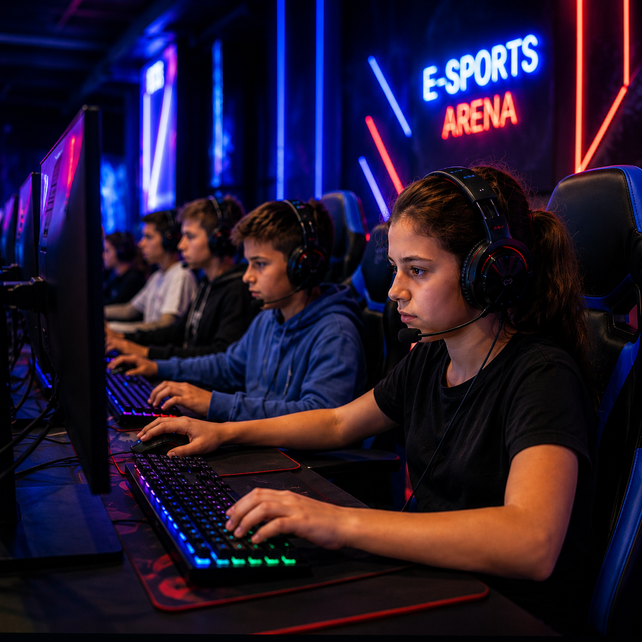 E-Spor Arena tabelası önünde kulaklıkla bilgisayar oyunu oynayan kız çocuk ve takım arkadaşları