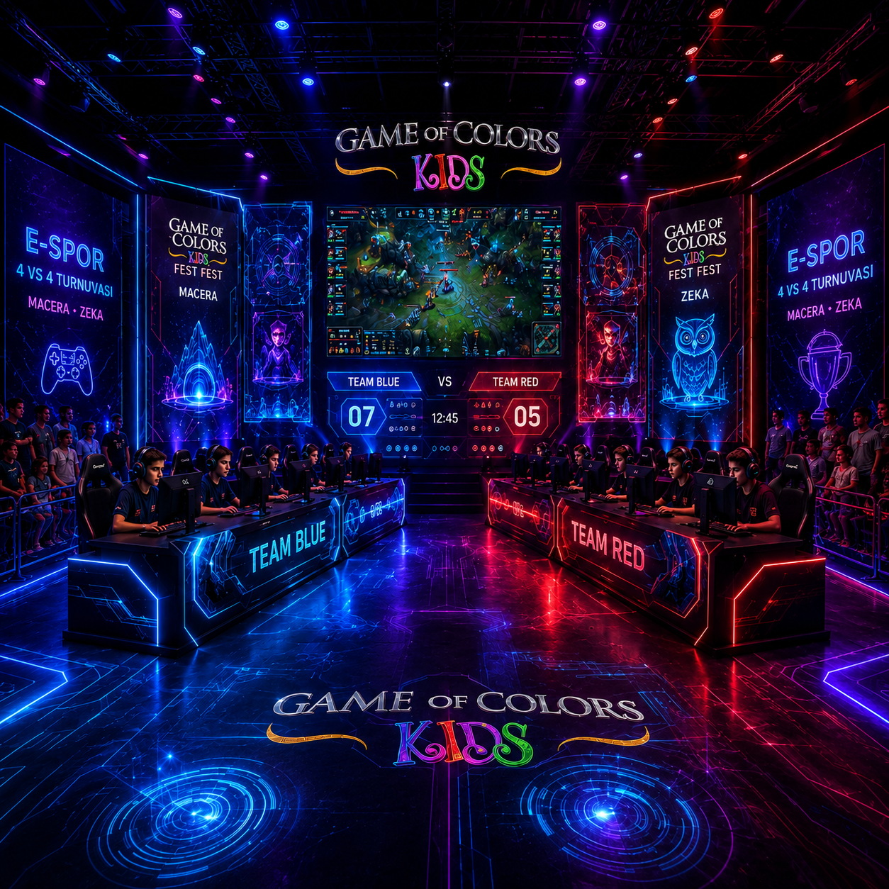 Mavi ve kırmızı takımların karşılaştığı Game of Colors Kids e-spor final arenası