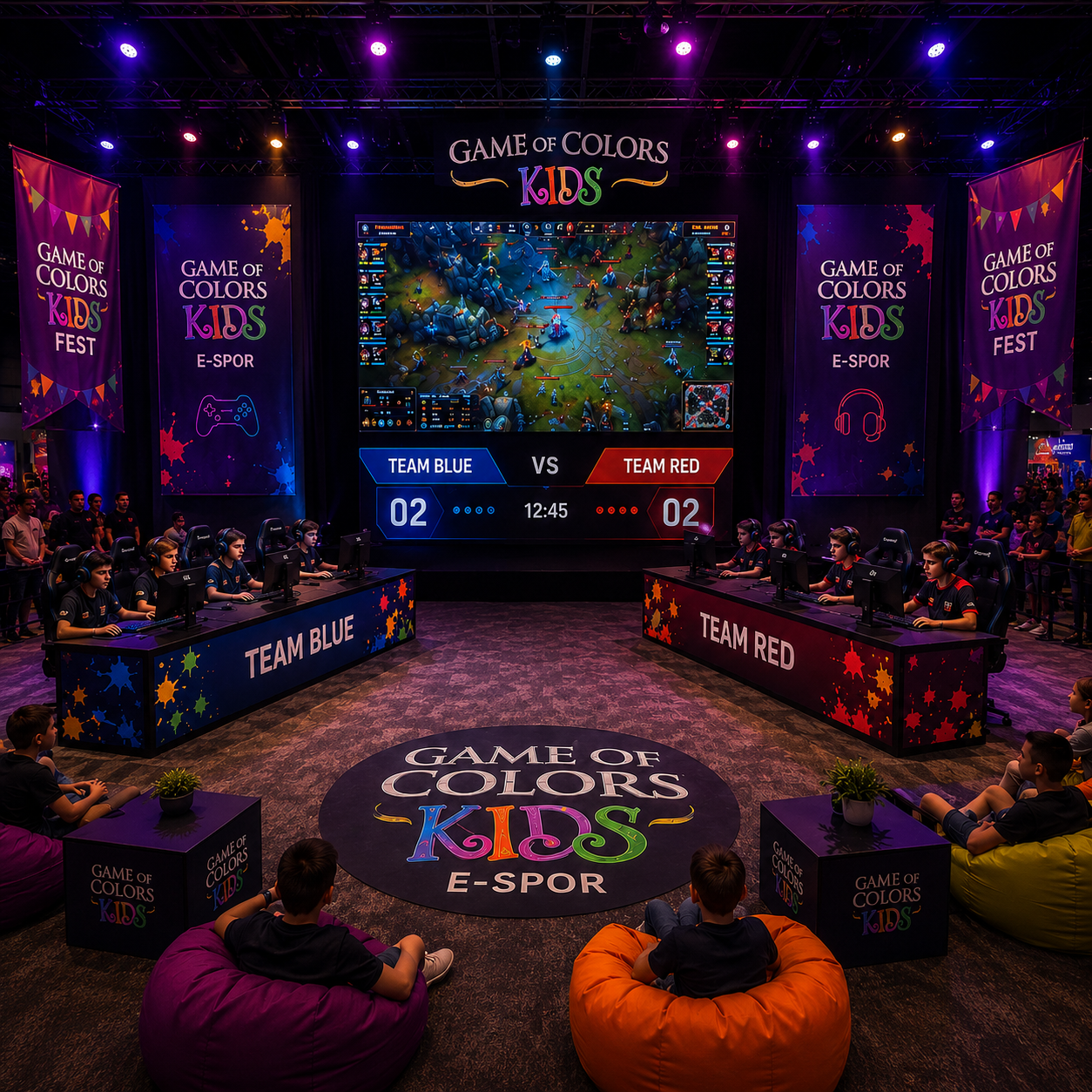 Game of Colors Kids sahnesinde mavi ve kırmızı e-spor takımlarının karşılaşması