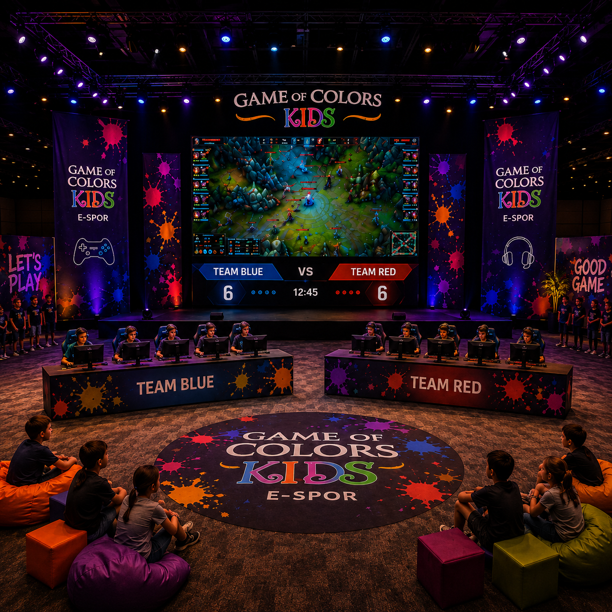 Game of Colors Kids e-spor büyük finalini izleyen çocuklar ve yarışan takımlar