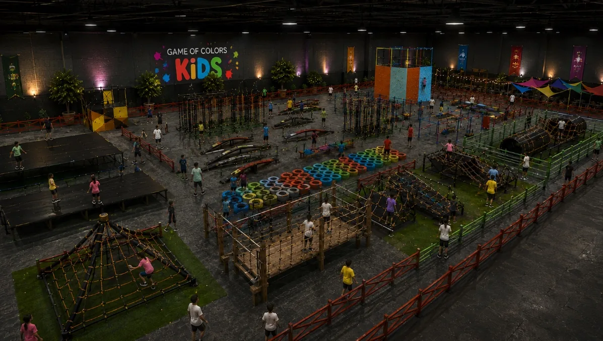 Game of Colors Kids salonundaki tırmanma kulesi, ip köprüler, renkli lastik parkurları ve denge istasyonlarının geniş açıdan görünümü