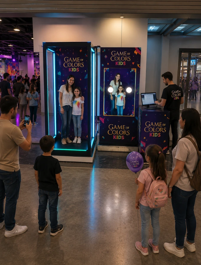 Game of Colors Kids fotoğraf kabininde birlikte poz veren bir yetişkin ve çocuk