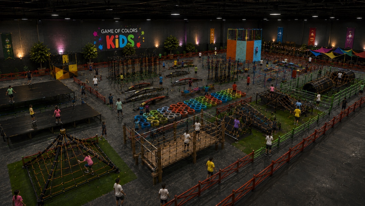 Game of Colors Kids salonundaki tırmanma kulesi, ip köprüler, renkli lastik parkurları ve denge istasyonlarının geniş açıdan görünümü