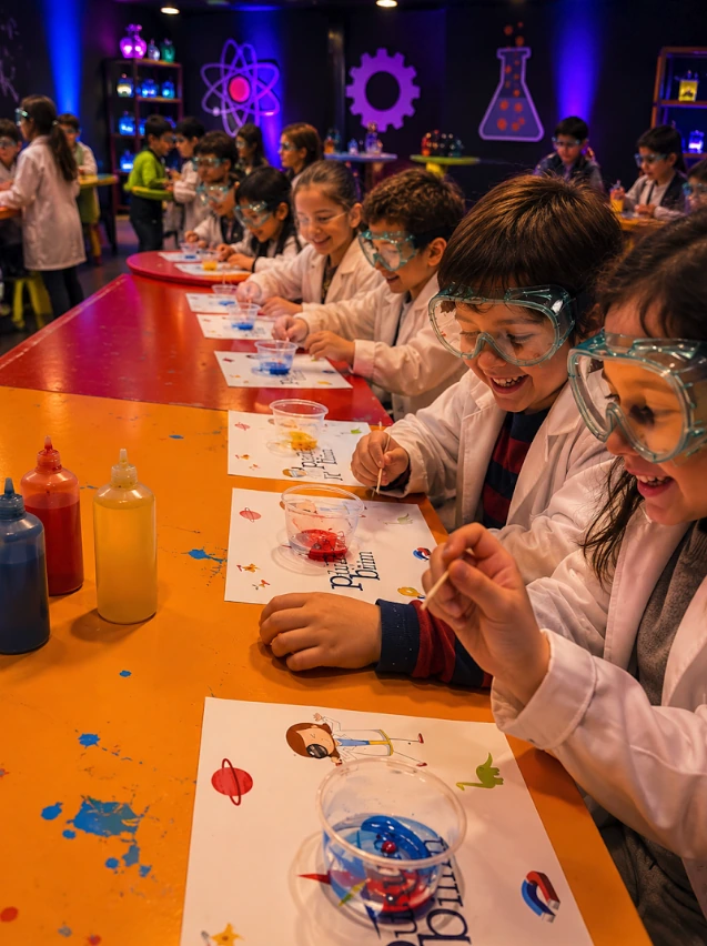 Koruyucu gözlük ve laboratuvar önlükleriyle renkli sıvıları karıştıran çocuklar