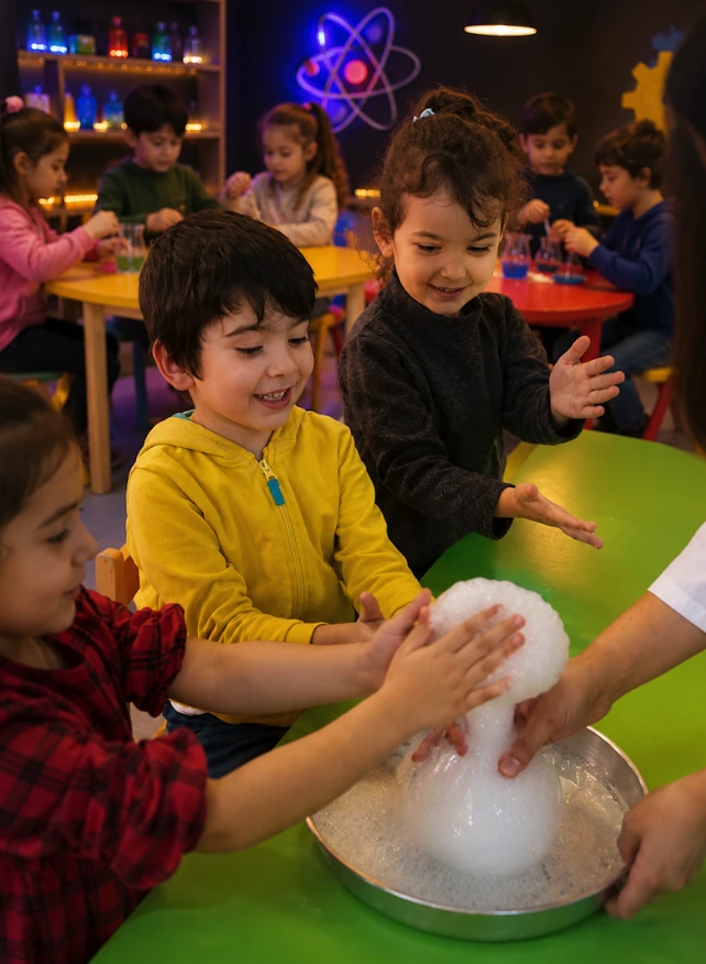 Bir eğitmen eşliğinde büyük bir kasedeki köpüklere dokunan çocuklar