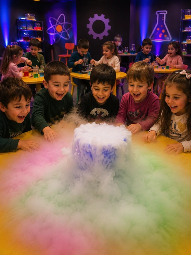 Mor ışıklı bilim atölyesinde masayı kaplayan beyaz sisi merakla inceleyen çocuklar