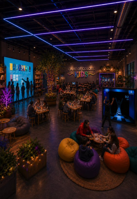 Neon ışıklı alandaki atölye masaları, dijital hareket oyunu ve renkli oturma alanları