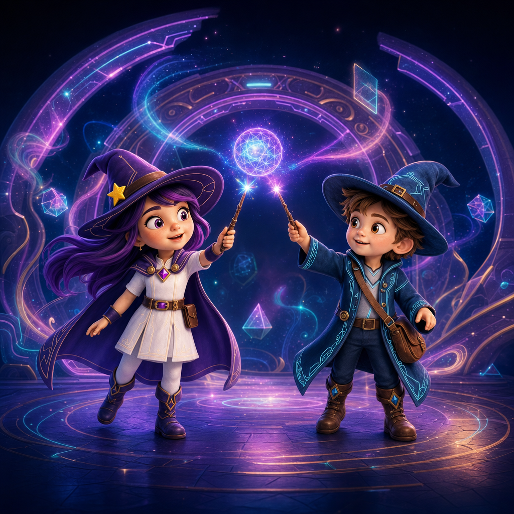 Mor ve pembe ışıklı teknoloji geçidinde holografik bir küreyi birlikte keşfeden Game of Colors Kids'in iki sihirbaz çocuk karakteri