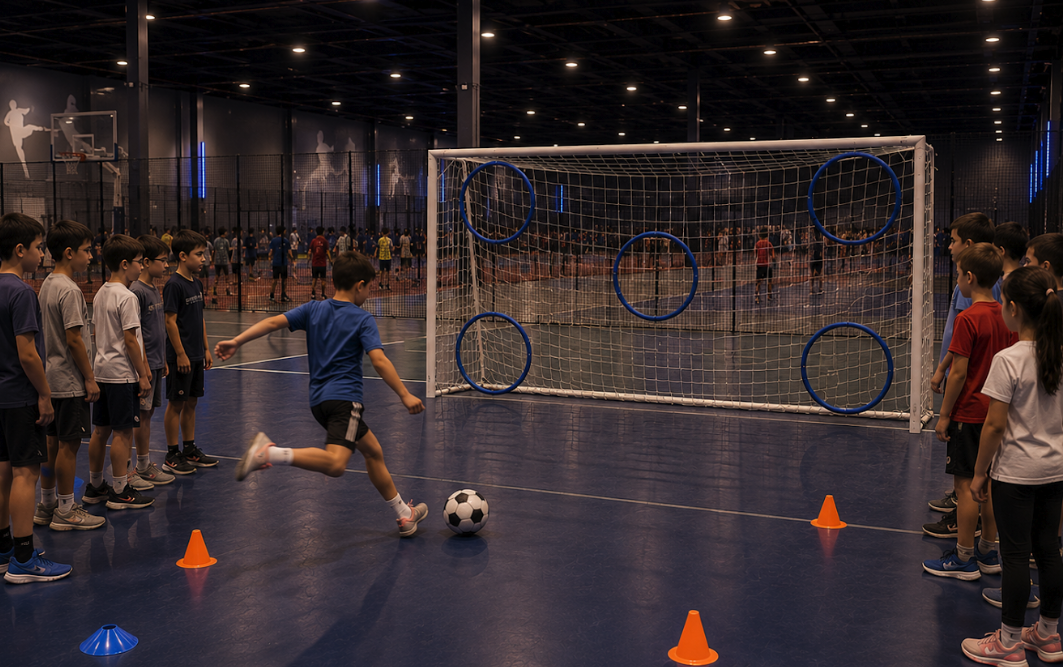 Kapalı spor salonunda, arkadaşları izlerken kale üzerindeki mavi hedef halkalarına futbol topuyla şut çeken bir çocuk