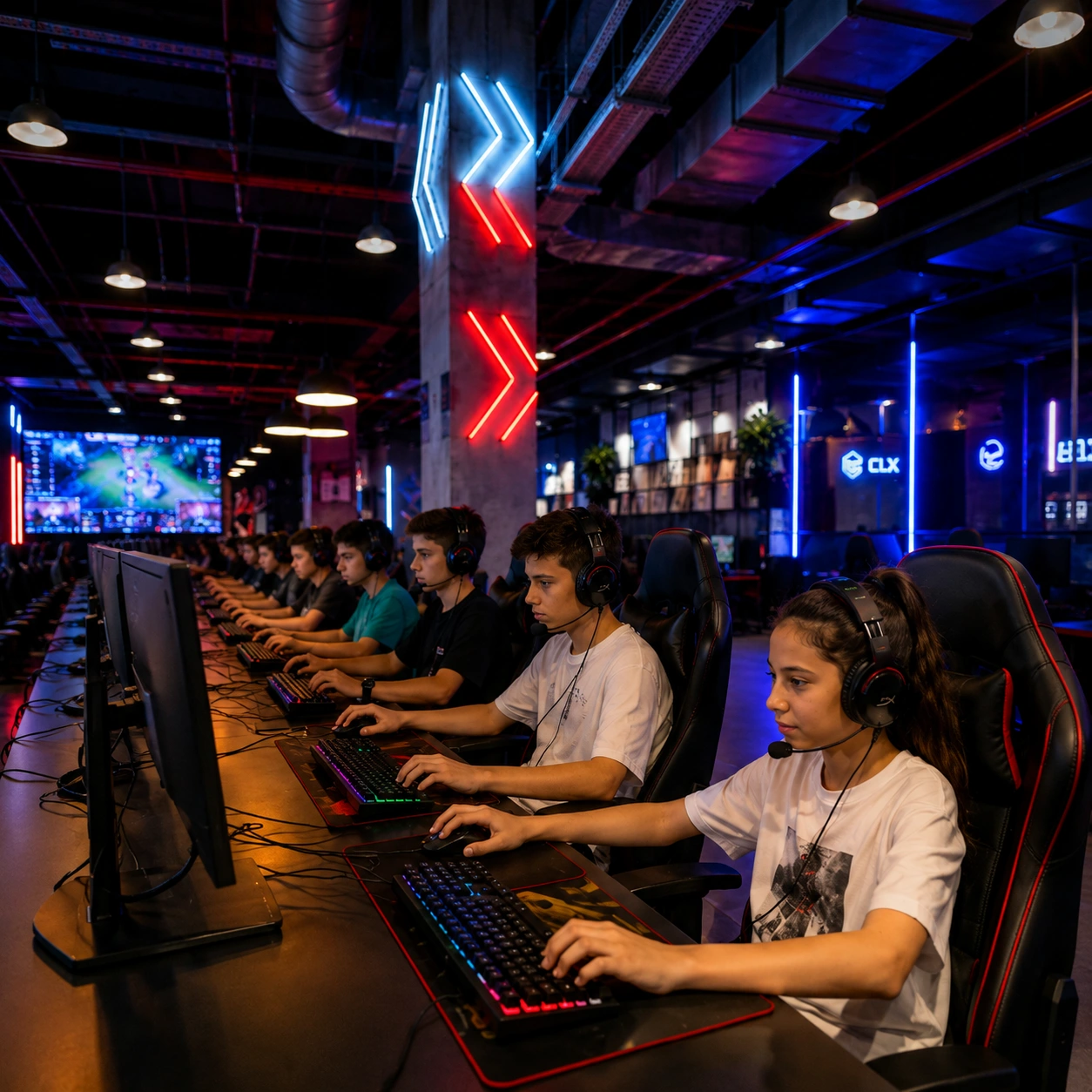 Neon ışıklı oyun salonunda yan yana bilgisayar oyunu oynayan genç katılımcılar