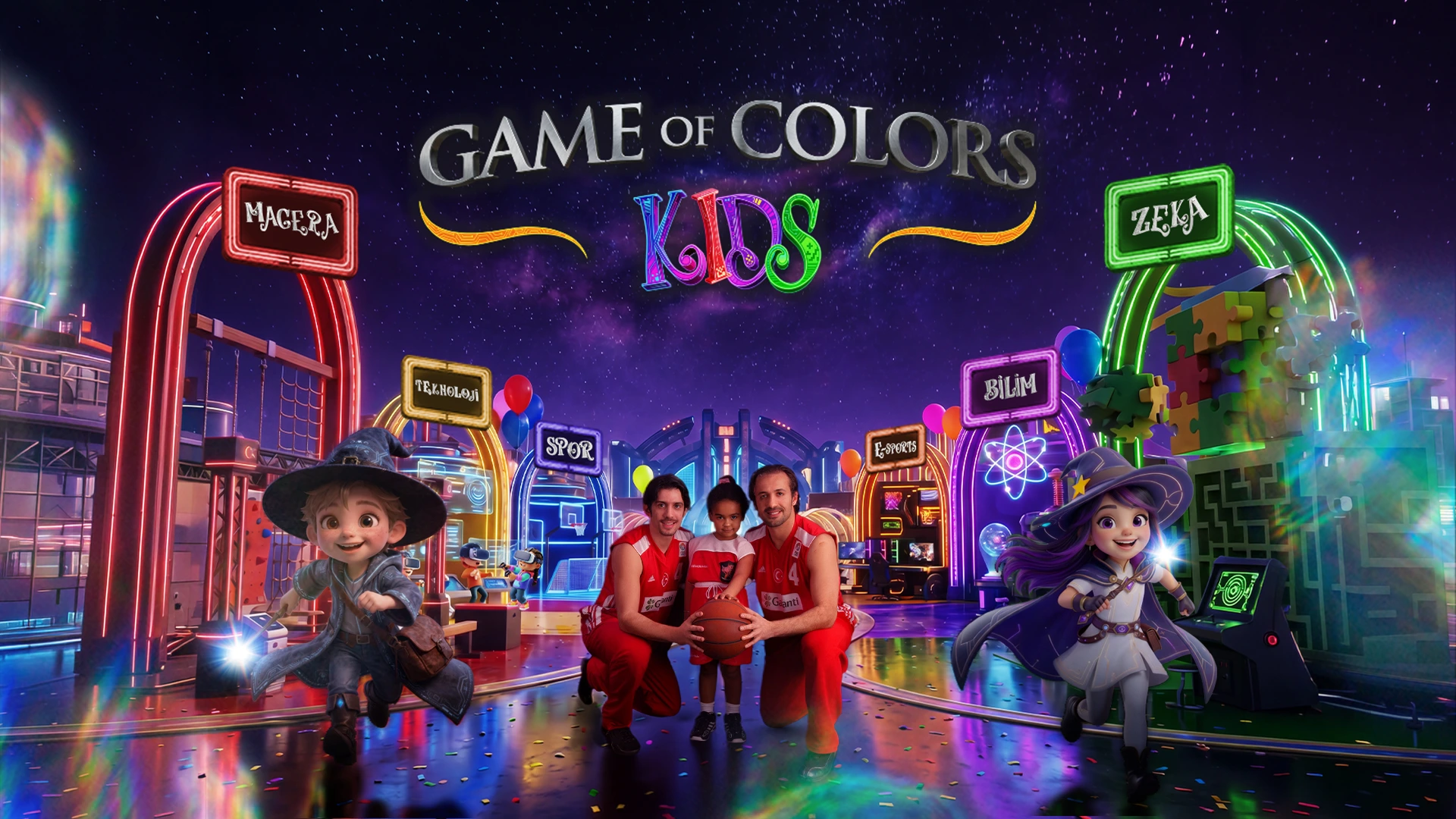 Mor gece göğü altında büyülü şato, Game of Colors Kids logosu ve iki çocuk karakter